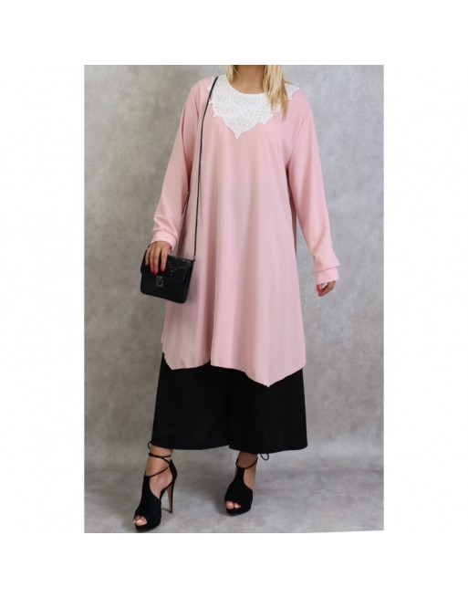 Tunique longue avec broderies et perles pour femme - Couleur rose Tunique longue avec broderies et perles pour femme - Couleur rose