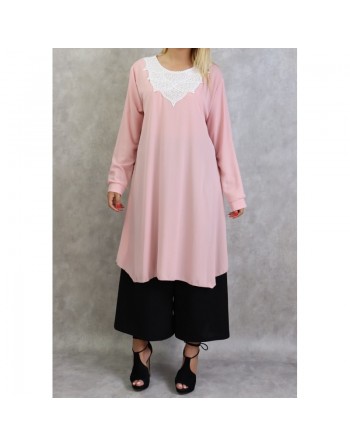 Tunique longue avec broderies et perles pour femme - Couleur rose 