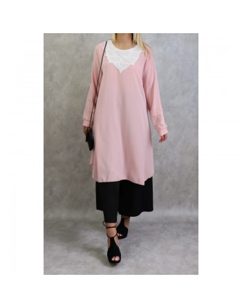 Tunique longue avec broderies et perles pour femme - Couleur rose 