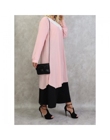 Tunique longue avec broderies et perles pour femme - Couleur rose 