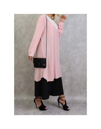 Tunique longue avec broderies et perles pour femme - Couleur rose 