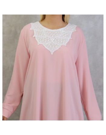 Tunique longue avec broderies et perles pour femme - Couleur rose 