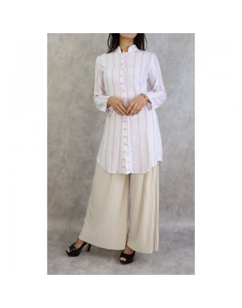 Chemise coton mi-longue à rayures de couleur Blanc et Rose 