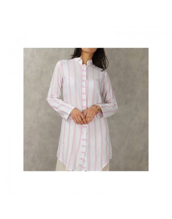 Chemise coton mi-longue à rayures de couleur Blanc et Rose 