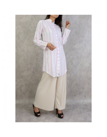 Chemise coton mi-longue à rayures de couleur Blanc et Rose 