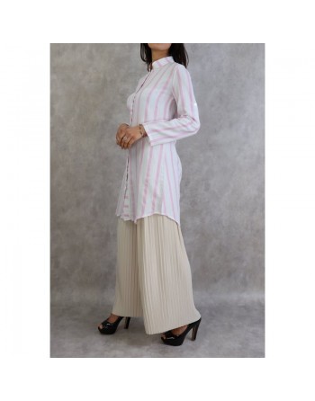 Chemise coton mi-longue à rayures de couleur Blanc et Rose 