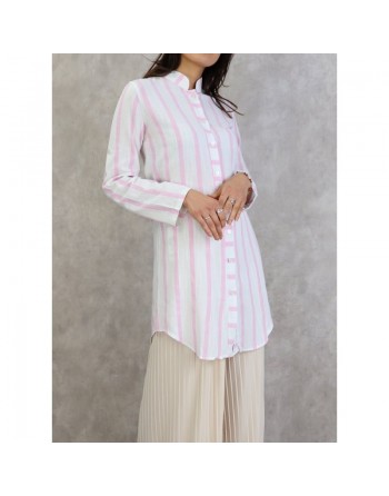 Chemise coton mi-longue à rayures de couleur Blanc et Rose 