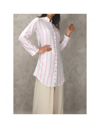 Chemise coton mi-longue à rayures de couleur Blanc et Rose 