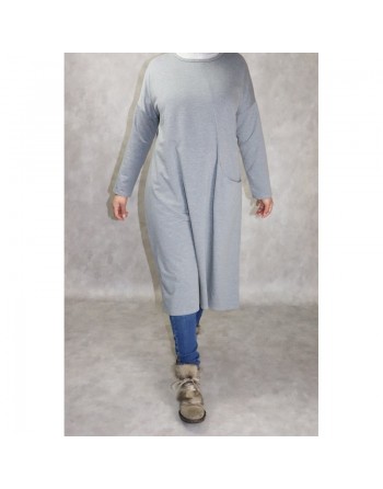 Tunique longue Sportswear en coton avec une grande poche pour femme - Couleur gris chiné 