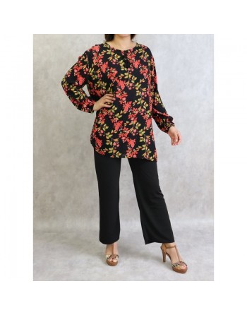 Tunique noire à fleurs oranges pour femme (Grandes tailles disponibles) 