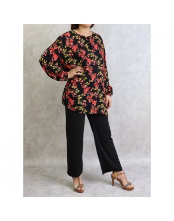 Tunique noire à fleurs oranges pour femme (Grandes tailles disponibles) 