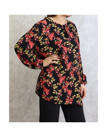 Tunique noire à fleurs oranges pour femme (Grandes tailles disponibles) 