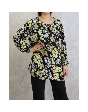 Tunique noire à fleurs blanches et jaunes (Grandes tailles disponibles pour femmes) 