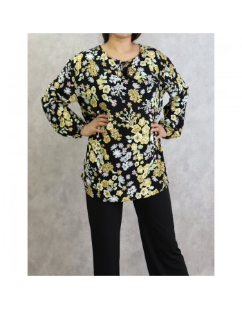Tunique noire à fleurs blanches et jaunes (Grandes tailles disponibles pour femmes) 