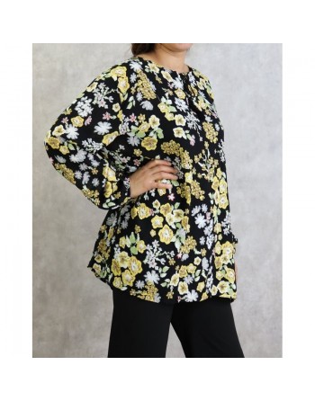 Tunique noire à fleurs blanches et jaunes (Grandes tailles disponibles pour femmes) 