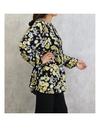 Tunique noire à fleurs blanches et jaunes (Grandes tailles disponibles pour femmes) 