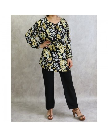 Tunique noire à fleurs blanches et jaunes (Grandes tailles disponibles pour femmes) 