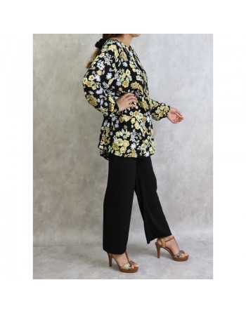 Tunique noire à fleurs blanches et jaunes (Grandes tailles disponibles pour femmes) 
