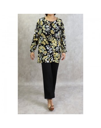 Tunique noire à fleurs blanches et jaunes (Grandes tailles disponibles pour femmes) 