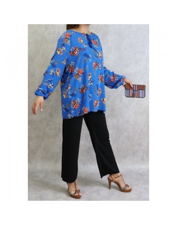 Tunique femme couleur bleu roi à fleurs (Grandes tailles disponibles) 