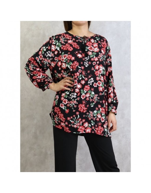 Tunique noire à fleurs rouges pour femme (Grandes tailles disponibles) Tunique noire à fleurs rouges pour femme (Grandes tailles disponibles)