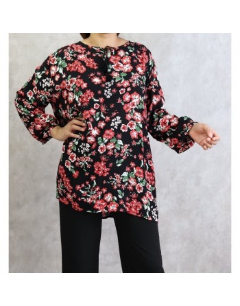 Tunique noire à fleurs rouges pour femme (Grandes tailles disponibles) 