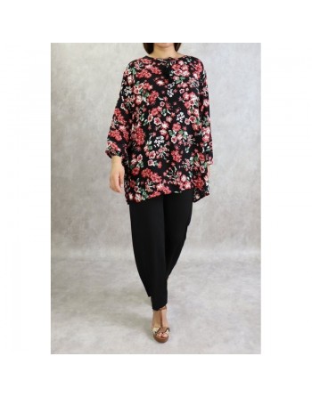 Tunique noire à fleurs rouges pour femme (Grandes tailles disponibles) 