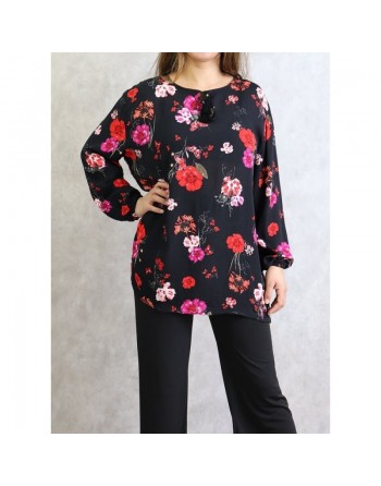 Tunique noire à fleurs roses et rouges (Grandes tailles disponibles pour femmes) 