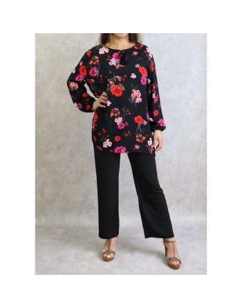 Tunique noire à fleurs roses et rouges (Grandes tailles disponibles pour femmes) 