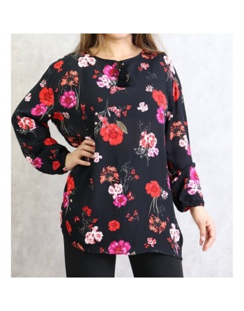 Tunique noire à fleurs roses et rouges (Grandes tailles disponibles pour femmes) 