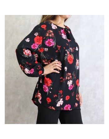 Tunique noire à fleurs roses et rouges (Grandes tailles disponibles pour femmes) 