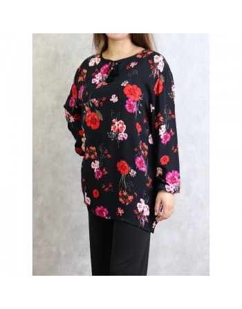 Tunique noire à fleurs roses et rouges (Grandes tailles disponibles pour femmes) 
