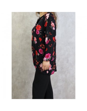 Tunique noire à fleurs roses et rouges (Grandes tailles disponibles pour femmes) 