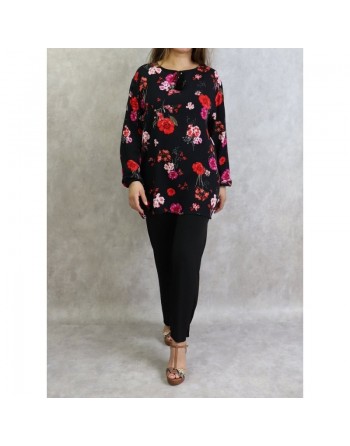 Tunique noire à fleurs roses et rouges (Grandes tailles disponibles pour femmes) 