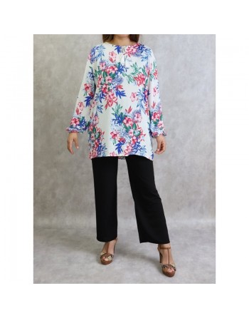 Tunique blanche à fleurs rouges et bleues pour femme (Grande taille disponible) 
