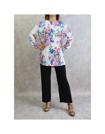 Tunique blanche à fleurs rouges et bleues pour femme (Grande taille disponible) 