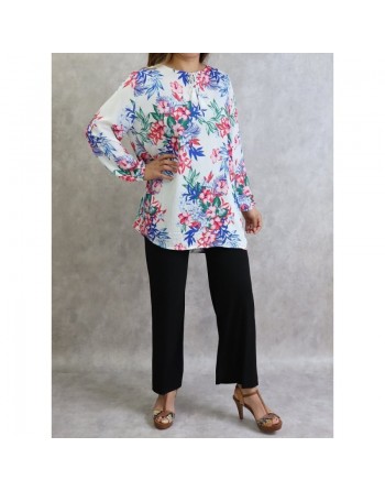 Tunique blanche à fleurs rouges et bleues pour femme (Grande taille disponible) 