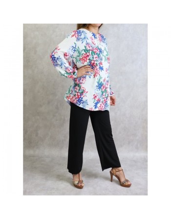 Tunique blanche à fleurs rouges et bleues pour femme (Grande taille disponible) 