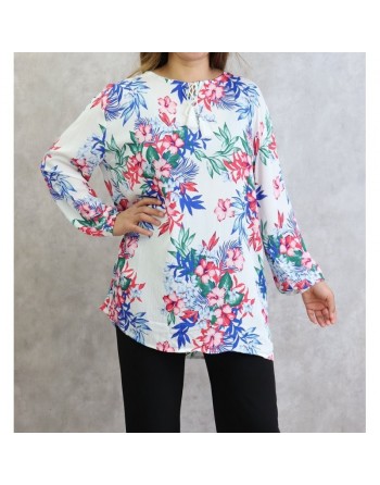Tunique blanche à fleurs rouges et bleues pour femme (Grande taille disponible) 