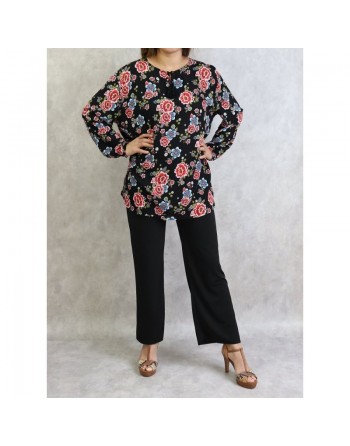 Tunique noire à fleurs rouges et bleues (Grande taille disponible pour femme) 