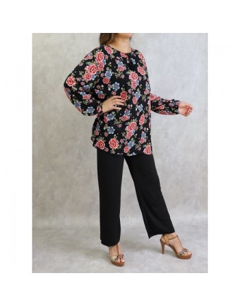 Tunique noire à fleurs rouges et bleues (Grande taille disponible pour femme) 