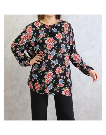 Tunique noire à fleurs rouges et bleues (Grande taille disponible pour femme) 