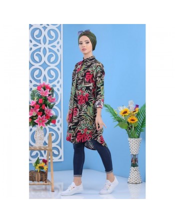 Chemise longue 100% coton à motifs "tropical" pour femme sur fond noir 