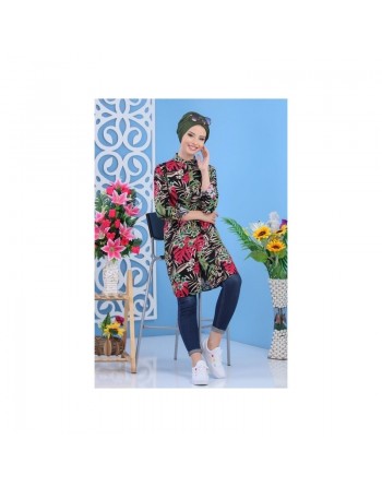 Chemise longue 100% coton à motifs "tropical" pour femme sur fond noir 