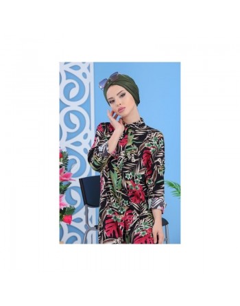Chemise longue 100% coton à motifs "tropical" pour femme sur fond noir 
