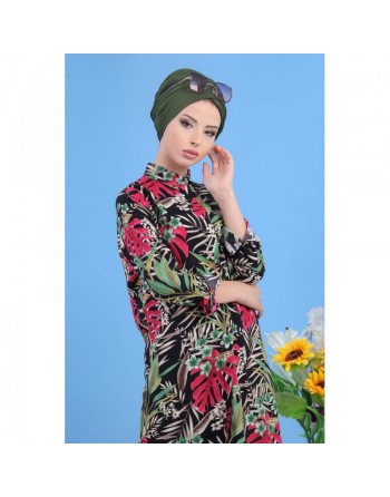 Chemise longue 100% coton à motifs "tropical" pour femme sur fond noir 