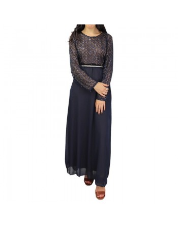 Robe longue de soirée à dentelles - Couleur Bleu Marine 