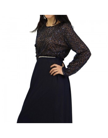 Robe longue de soirée à dentelles - Couleur Bleu Marine 