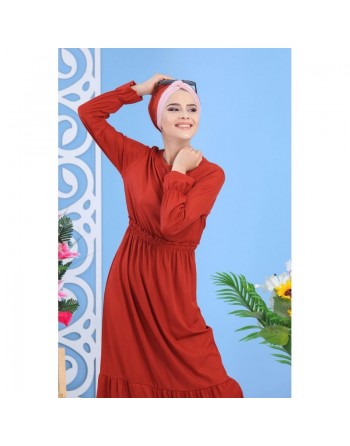 Robe longue décontractée effet strié pour femme - Couleur rouille 