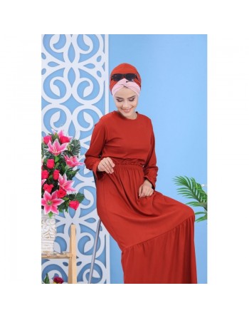 Robe longue décontractée effet strié pour femme - Couleur rouille 